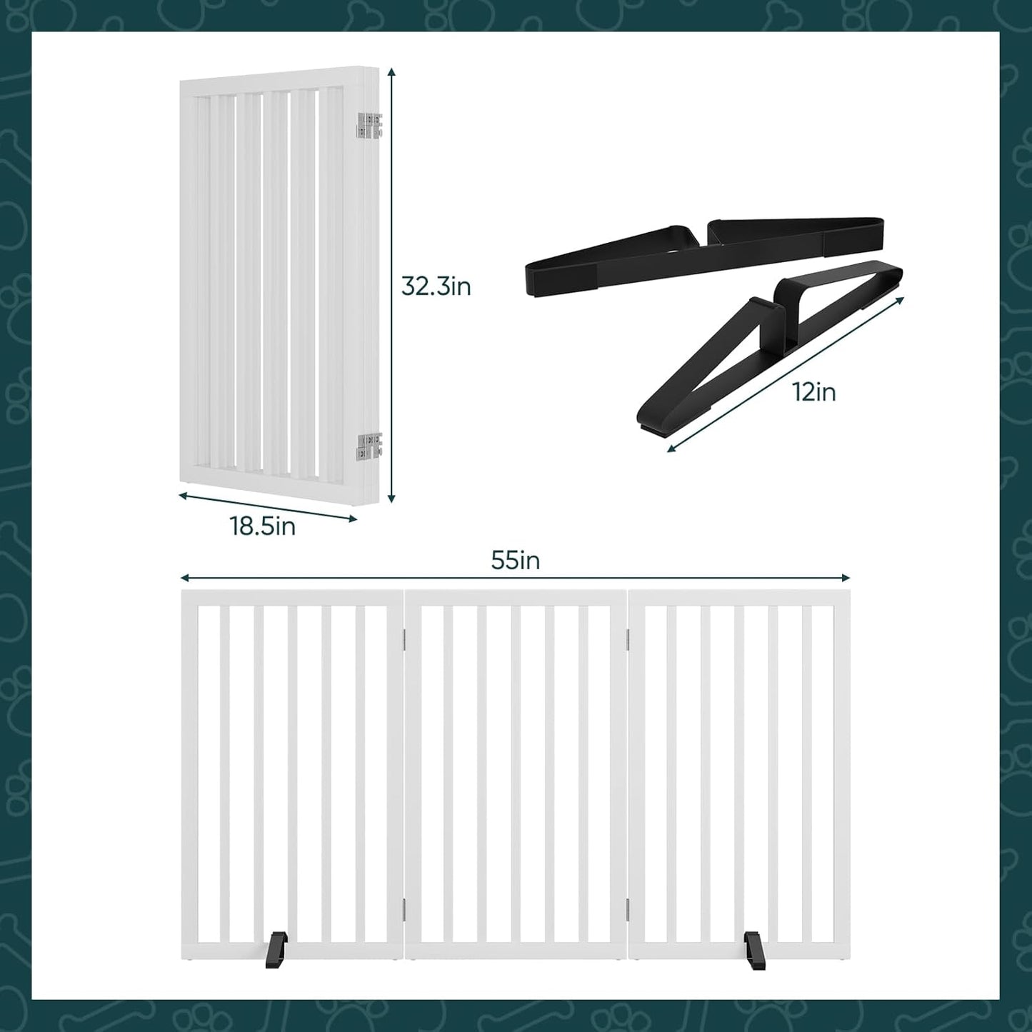 Freestanding Dog Gates Indoor, 3-Panel Pet Gates with 2 Metal Stands and 360° Hinge, 24" H Foldable Dog Gate for Stairs, Doorway, Kitchen, Expands Up to 55" Fully Assembled - Black Walnut