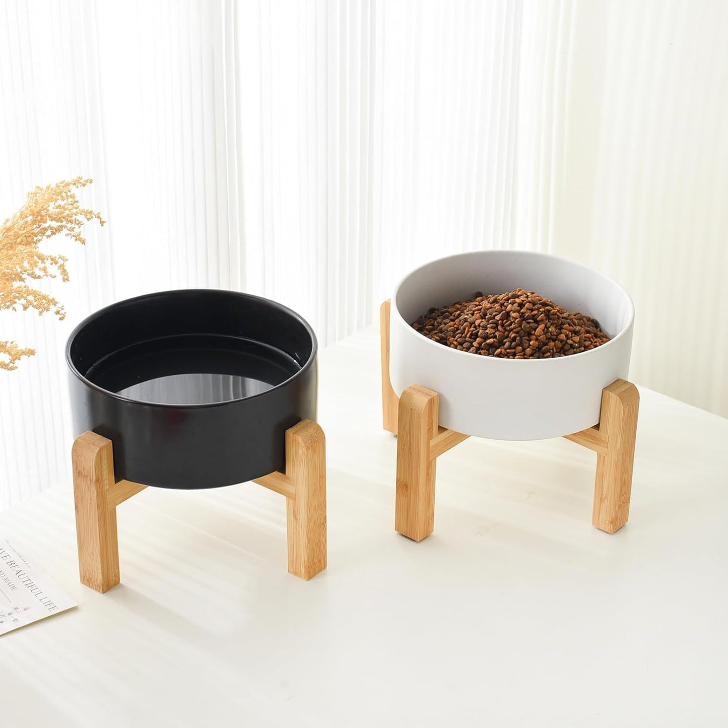 6'' Ceramic Raised Dog Bowl - 30Oz Dog Food & Water Bowl with Elevated Non-Slip Bamboo Stand, Dishwasher & Microwave Safe, Anti Vomiting Heavy Duty Pet Bowl for Small and Medium Dogs, White