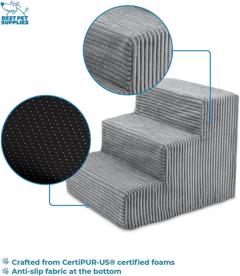 Best Pet Supplies Dog Stairs & Steps - Foam Steps for Small Dogs & Cats, Non-Slip Indoor Balanced Pet Step Support, Dog Ramp, No Assembly, Ash Gray Linen, 2-Step (12-inch Height)