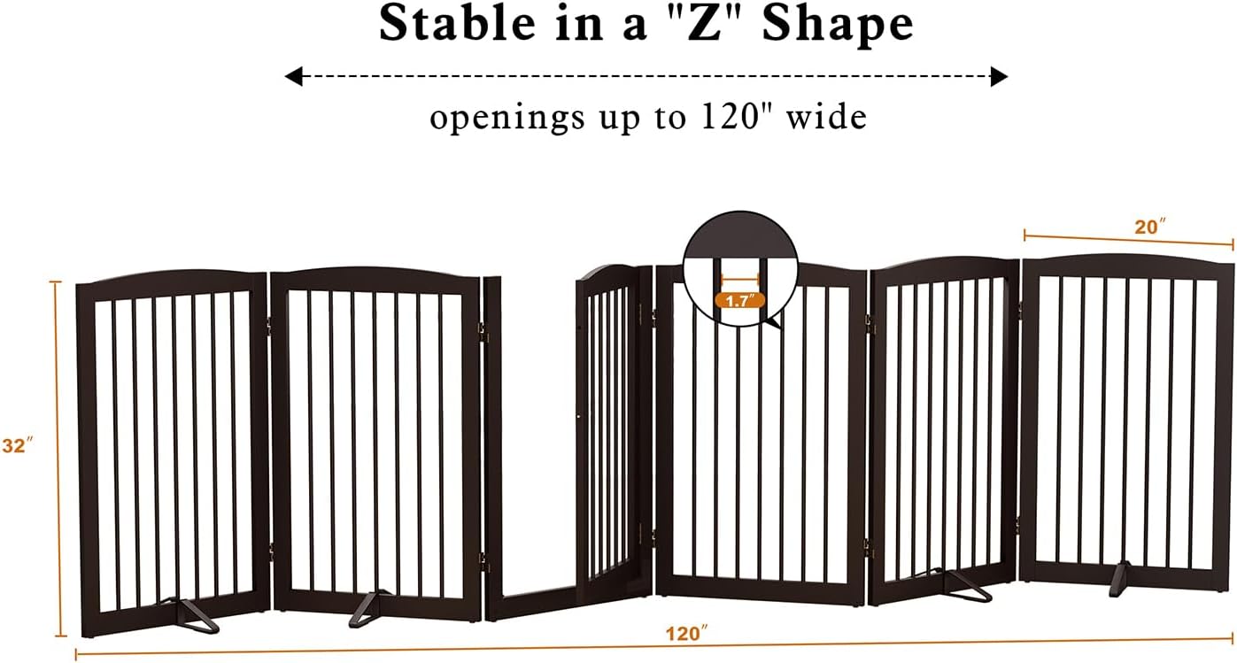 PUPETPO Freestanding Dog Gate with Door, Pet Gate for Stairs, 80 inch Wide Pet Barrier Indoor, Dog Fences Indoor, Support Feet Included, 4 Panels, 24" Tall, Dark Brown