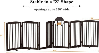 PUPETPO Freestanding Dog Gate with Door, Pet Gate for Stairs, 80 inch Wide Pet Barrier Indoor, Dog Fences Indoor, Support Feet Included, 4 Panels, 24" Tall, Dark Brown