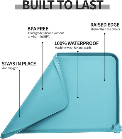 Reopet Waterproof Pet Feeding Mat, Non-Slip Silicone Placemats for Dog Cat Food and Water Bowl, High Raised Edges to Prevent Spills and Protect Floors