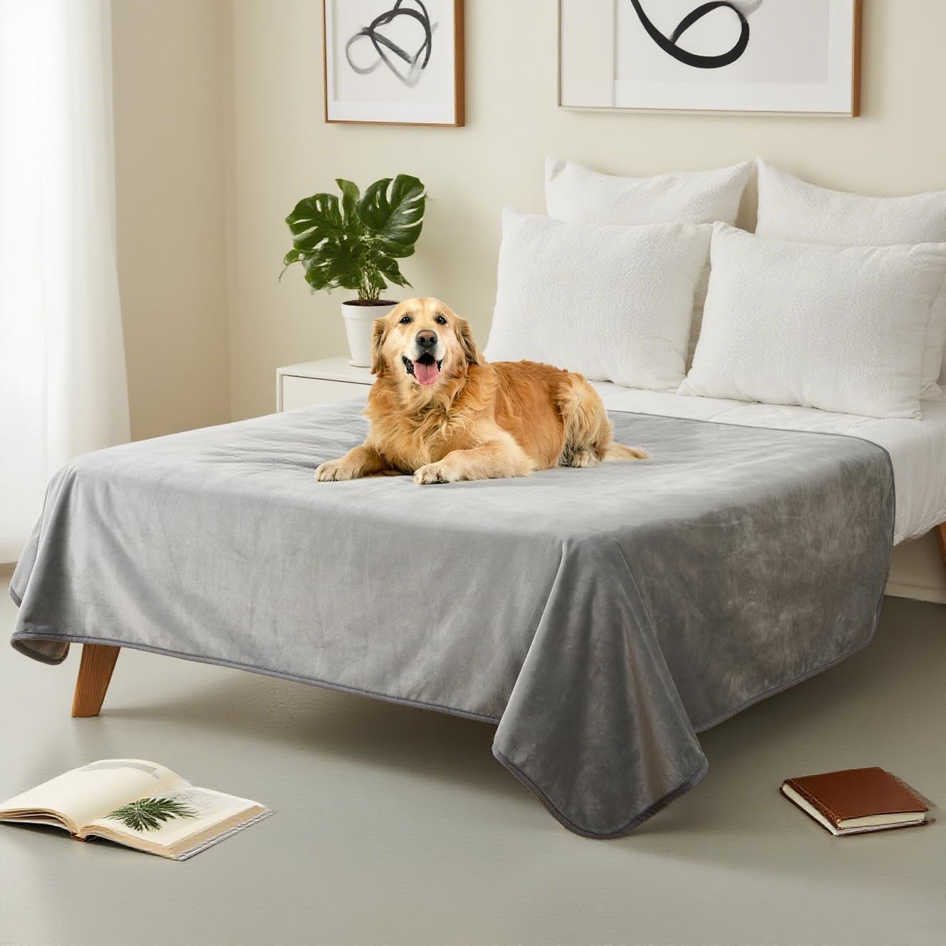 Waterproof Dog Blankets Pet Blanket 50"x60", Soft Fluffy Sofa Car Bed Protector, Reversible Sherpa Fleece Dog Blanket for Large Dogs (Dark Grey-Paws)