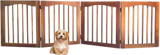 Tabago 4-Panel Foldable Freestanding Wooden Pet Gate 24"x20" – Expands up to 80", White & Natural Dog Gate for Small Pets, Stylish Indoor Barrier for Doorways & Hallways (Brown, 24" H x 80" W)