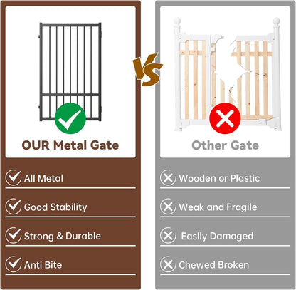 4 Panels Full Metal Freestanding Dog Gates with Door, 80” W x 32” H Folding Pet Gate Fence with Support Feet for Indoor,Stairs, Hallways and Doorways(Black)