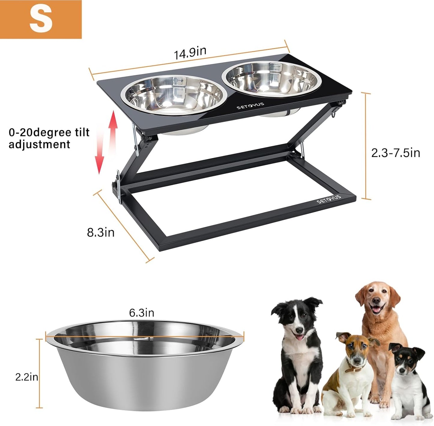 Elevated Dog Bowls, Adjustable Raised Dog Bowl Stand with 2 Stainless Steel Food Bowls 20°Tilted Water Bowls for Medium Small Sized Dogs (Black, Medium)