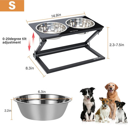 Elevated Dog Bowls, Adjustable Raised Dog Bowl Stand with 2 Stainless Steel Food Bowls 20°Tilted Water Bowls for Medium Small Sized Dogs (Black, Medium)