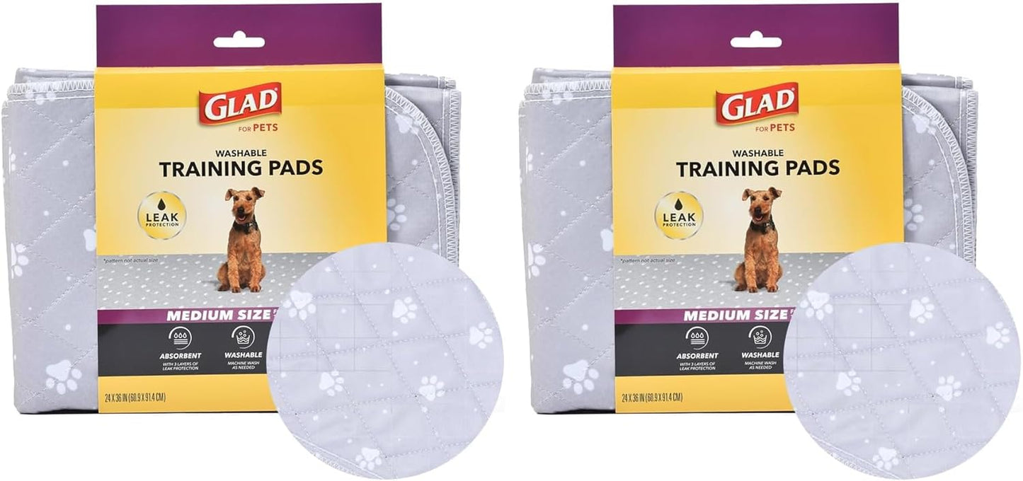Glad for Pets Washable Dog Pee Pads, Medium, 24 x 36 Inch, 2 Count, Gray with Paw Prints, 3-Layer Leak Protection, No-Slip Vinyl Bottom, Reusable Puppy Training Pads