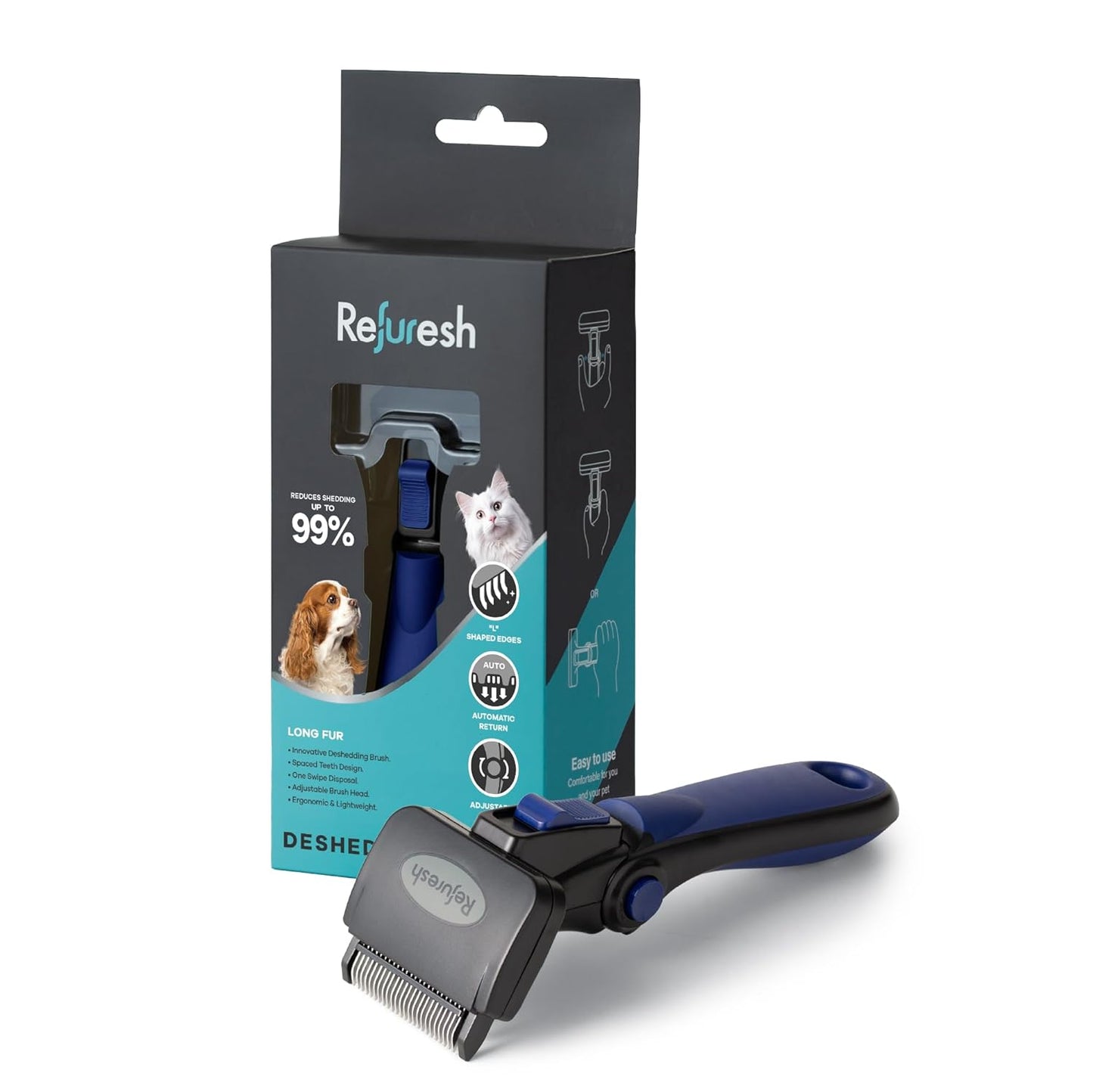 Deshedding Dog Brush for Long Hair (Large,Blue) – Gentle Deshedding Tool for Dogs & Cats – Reduces Shedding, Without damaging Topcoat. Removes Loose Fur & Dead Undercoat.