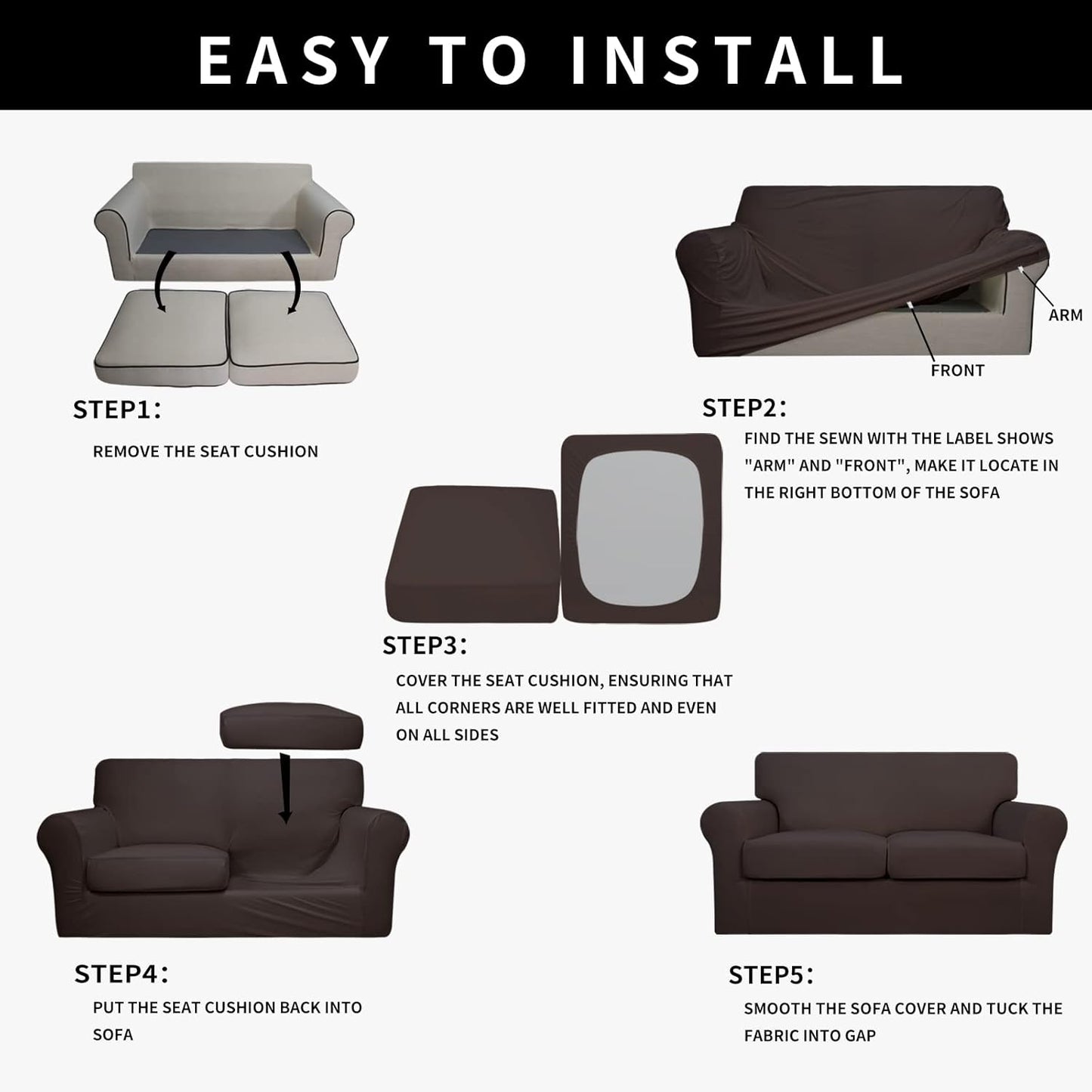 Easy-Going 100% Dual Waterproof 4 Pieces Stretch Soft Couch Cover for Dogs, Sofa Slipcover for 3 Separate Cushion Couch Leakproof Furniture Protector for Kids, Pets Dark Gray