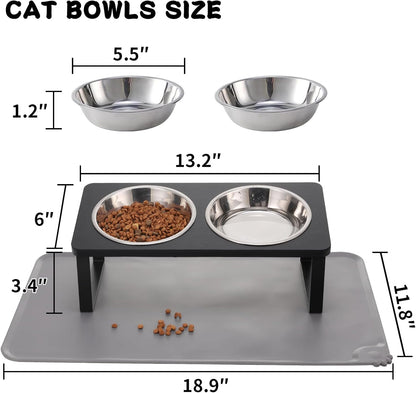 Upgraded Elevated Cat Bowls with Food Mat,15°Tilted Stand Anti Vomiting Raised Cat Dishes for Food and Water,2 Stainless Steel Bowls for Cats and Puppy
