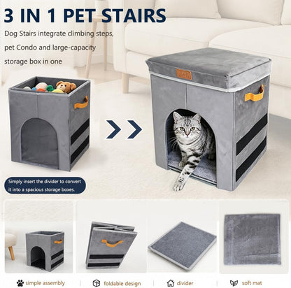 17" H Dog Stairs for High Beds, Multifunctional Pet Ramp with Storage & Condo for Small Medium Large Older Dog, 3-Step Foldable Cat Stairs for Climbing Car Sofa,Supports up to 120 Lbs