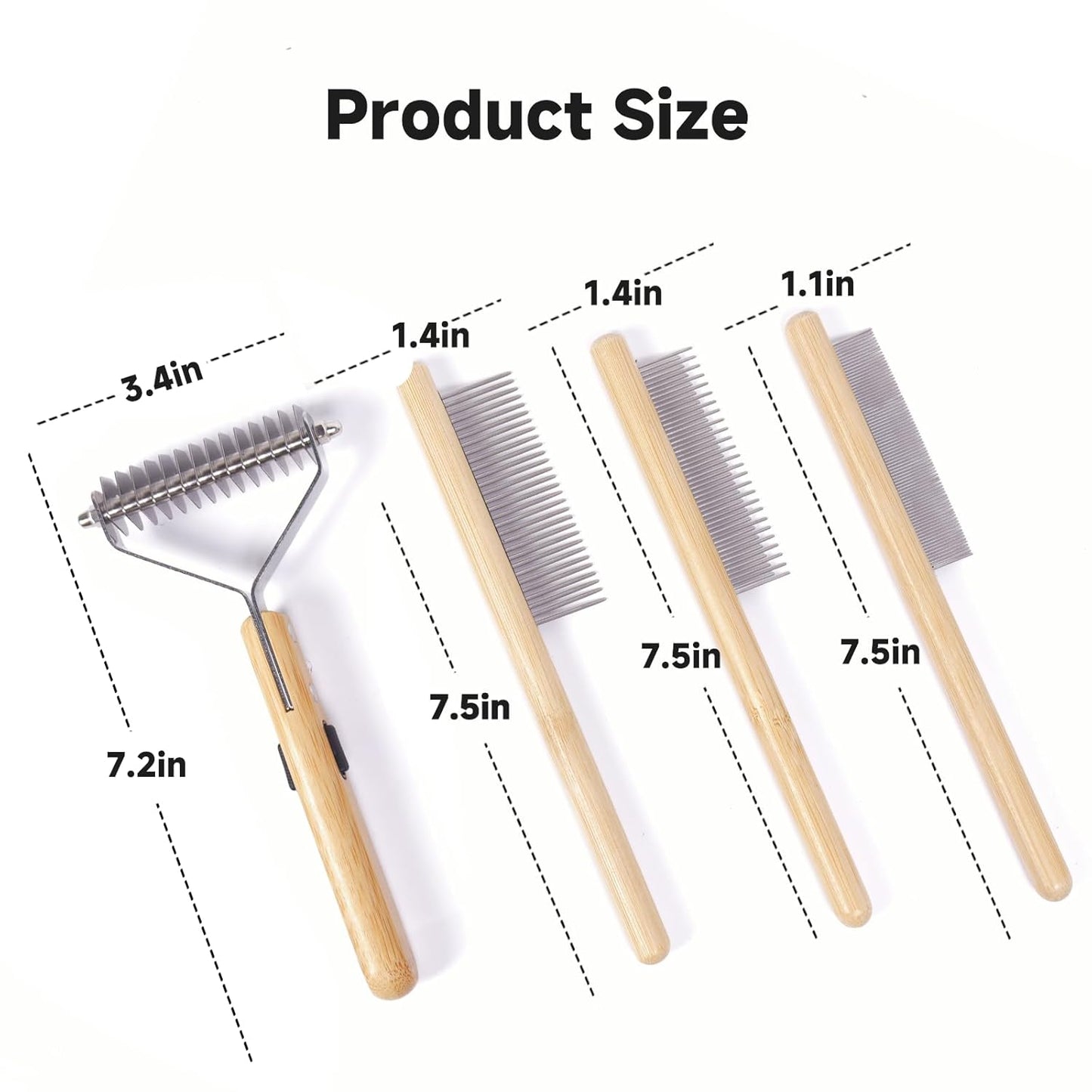 Bamboo Pet Grooming Kit for Medium to Long Haired Cats & Dogs, 4-in-1 Dematting Comb Set with Undercoat Rake, Detangling & Deshedding Tools, Fine/Wide Tooth Combs for Indoor Pets