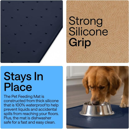 GORILLA GRIP 100% Waterproof Raised Edge BPA Free Silicone Pet Feeding Mat, Dog Cat Food Mats Contain Spills Protects Floors, Placemats for Cats and Dogs Water Bowl, 18.5x11.5, Gray