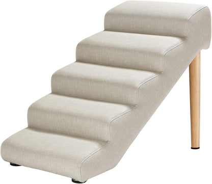 Senneny Imitation Linen Faux Leather Dog Stairs, for Pets up to 150 lbs, Waterproof, Scratch Resistant Pet Steps/Stairs with High Density Foam and Detachable Wooden Legs, Light Beige Linen, 4 Step