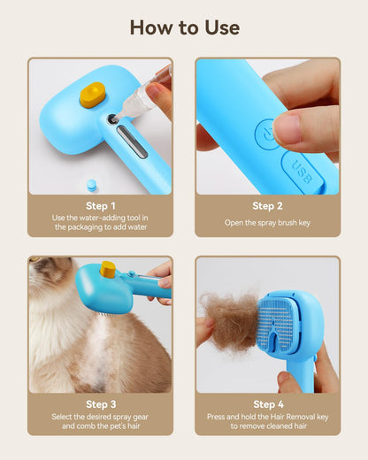 ROJECO 3-in-1 Pet Steam Brush for Cats&Dogs - Detangling Comb with Adjustable Mist, Handheld Deshedding Grooming Tool for Long/Short Hair, Massage Brush & Shedding Control Gift,Cordless,Pink