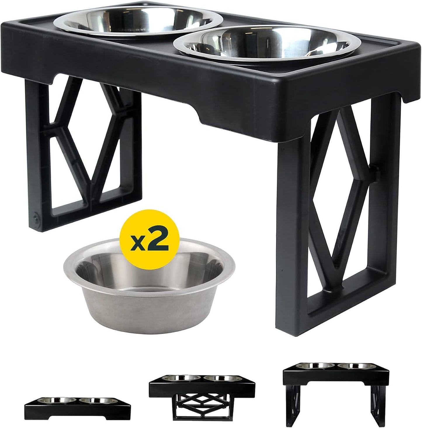 Pet Zone Elevated Dog Bowls Designer Diner 3 Height Adjustable Raised Dog Bowl Stand with 2 Stainless Steel Bowls (7 Cup Capacity Each)