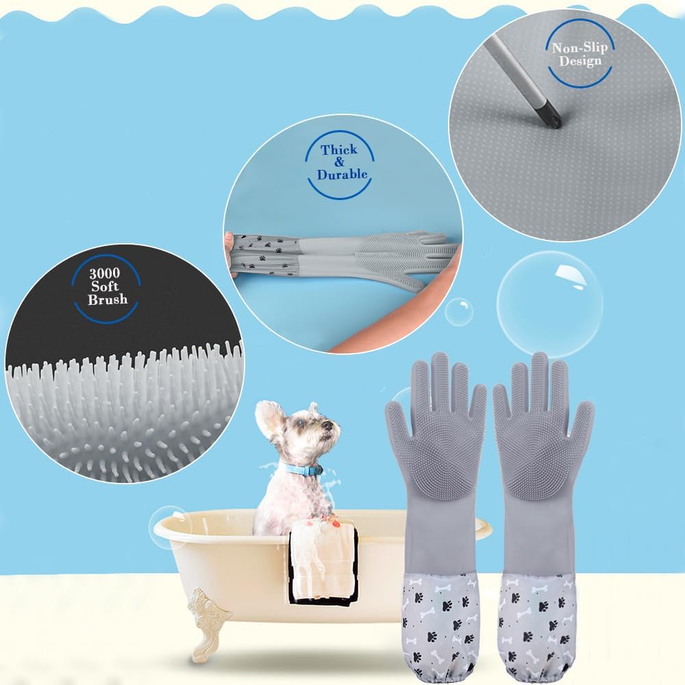 Pet Grooming Gloves Pet Hair Remover Cat, Dog Washing Gloves Silicone Heat Resistant Cleaning Gloves with High-Density Teeth Grooming Gloves for Dogs, Cats, Horses, Rabbits (1 Pair - Gray)