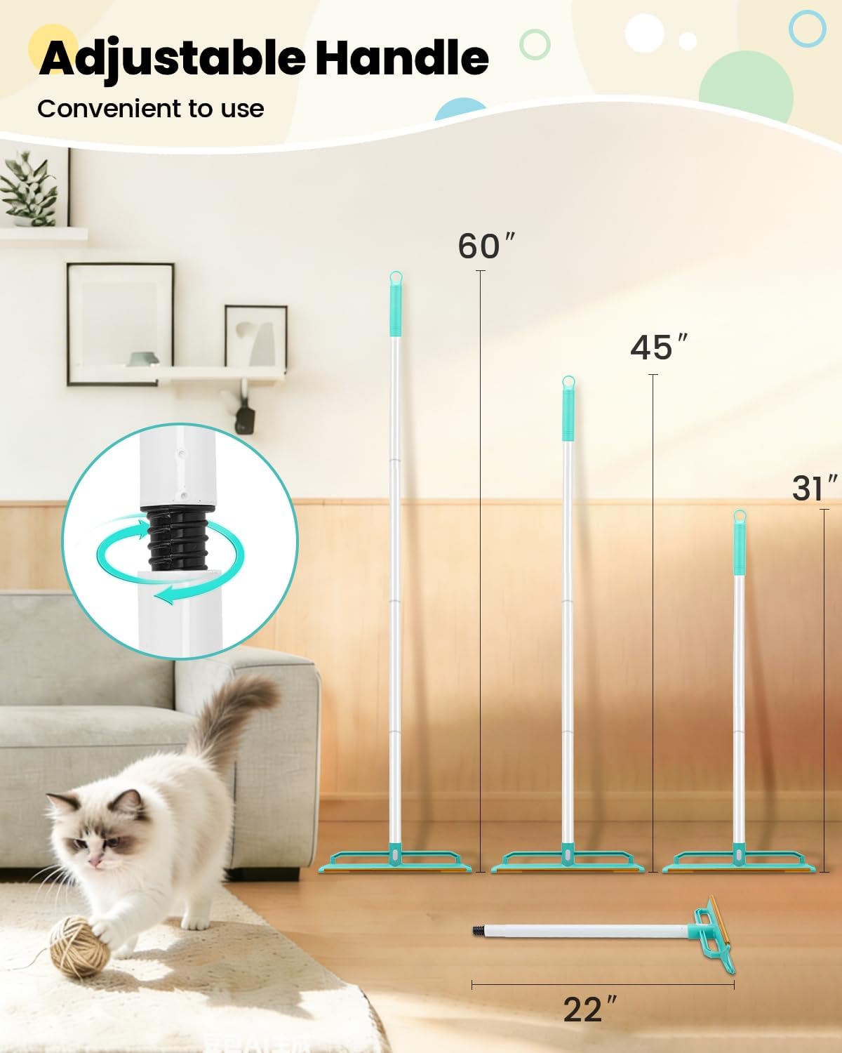 Carpet Rake for Pet Hair Removal - 5-in-1 Dual-Sided Rubber & Metal Carpet Scraper Tool with 60" Adjustable Handle, Used for Cleaning Dog and Cat Fur on Furniture, Short Pile Carpets, Rugs