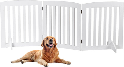 Freestanding Dog Door Indoor Folding Puppy Gate for Doorways Stairs 4-Panel Wood Pet Safe Barrier Fence for Hallways, Gray