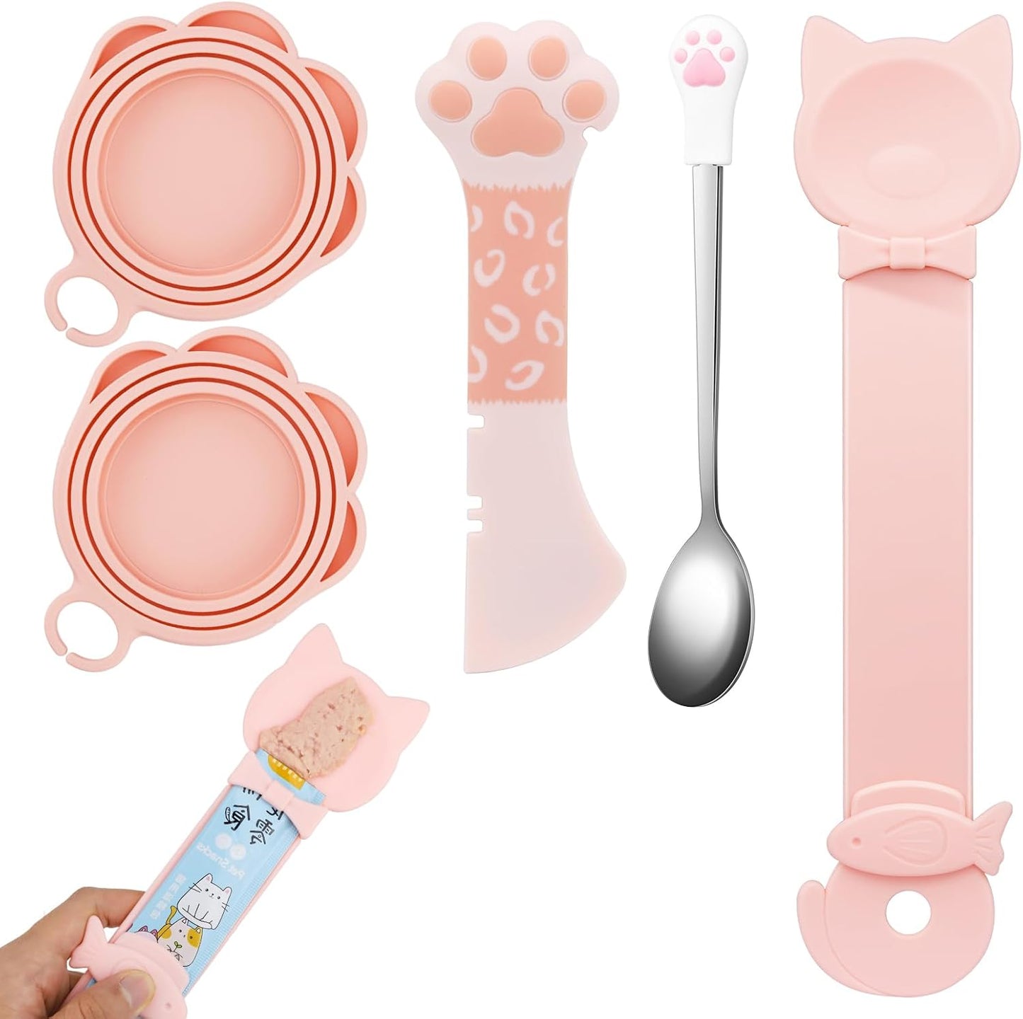 5 PCS Cat Food Can Covers Lids Set, Silicone Pet Food Can Lids with Multi-Function Cat Food Spoon and Opener, Cat Bar Squeezer, Stainless Steel Wet Food Spoon for Cats and Dogs (Pink) (Pink)