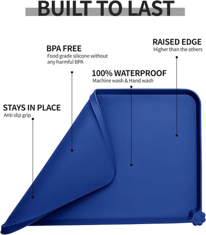 Reopet Waterproof Pet Feeding Mat, Non-Slip Silicone Placemats for Dog Cat Food and Water Bowl, High Raised Edges to Prevent Spills and Protect Floors
