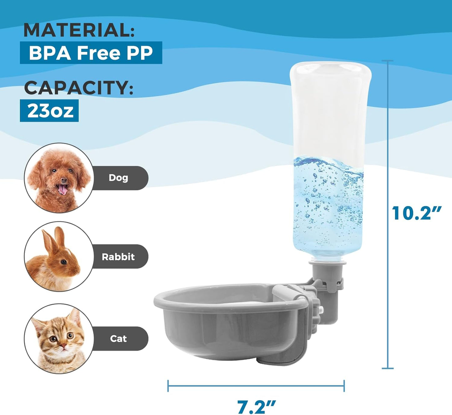 VANNON 16oz Pet Water Bottle, Gravity Dog Water Bowl Dispenser for Cage, Anti-Overflow Water Dispenser for Small Dogs, Cats, Rabbits and Other Small Animals, BPA Free, Grey