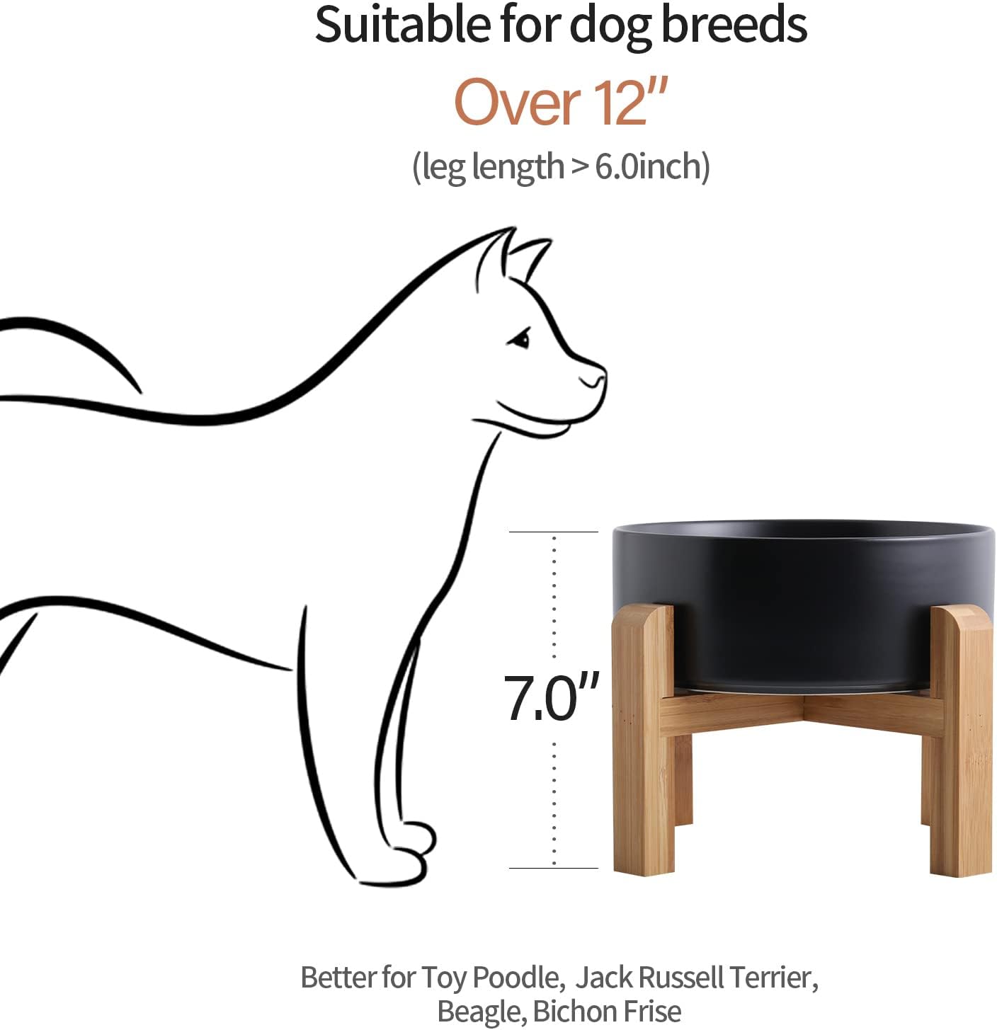 Black Elevated/Raised Dog Bowl Ceramic with Wood Stand for Medium Large Breed,Dog Food Water Dish Heavy Weighted,8 in Non Slip Modern Cute Porcelain Pet Bowl Extra Large