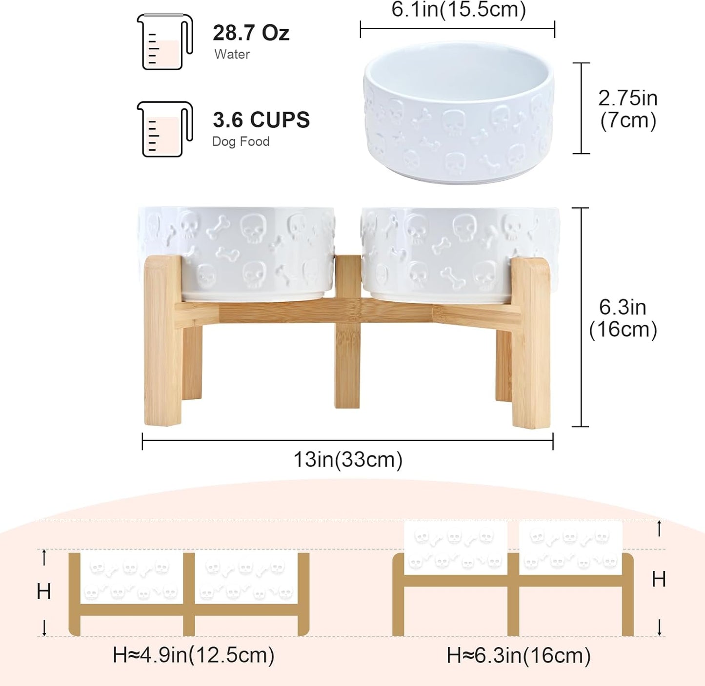 SPUNKYJUNKY Elevated Dog Bowls Ceramic, 6.1'' Dogs and Cat Food Water Bowls Raised with Non-Slip Bamboo Stand for Medium Sized Breed Microwave Dishwasher Safe - 28.7 OZ,Beige