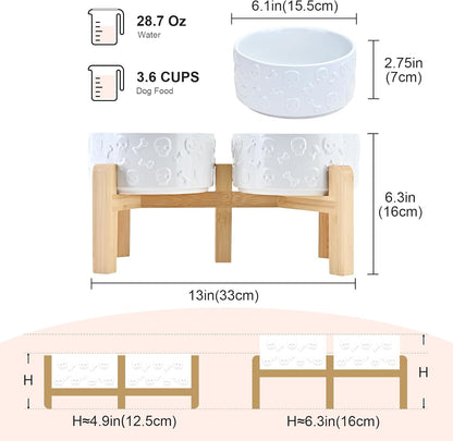 SPUNKYJUNKY Elevated Dog Bowls Ceramic, 6.1'' Dogs and Cat Food Water Bowls Raised with Non-Slip Bamboo Stand for Medium Sized Breed Microwave Dishwasher Safe - 28.7 OZ,Beige