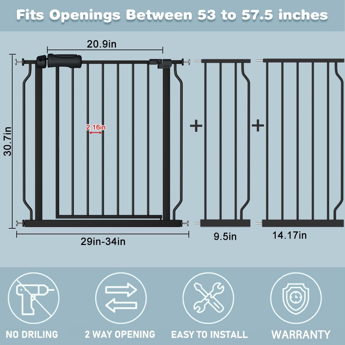 Extra Wide Baby Gate 57.5-62 Inch Black Walk THR Dog Gates Doorways House No Drill Pressure Mounted Auto Close Long Child Safety Gate for Kids and Pet