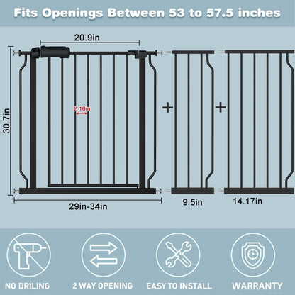 Extra Wide Baby Gate 57.5-62 Inch Black Walk THR Dog Gates Doorways House No Drill Pressure Mounted Auto Close Long Child Safety Gate for Kids and Pet