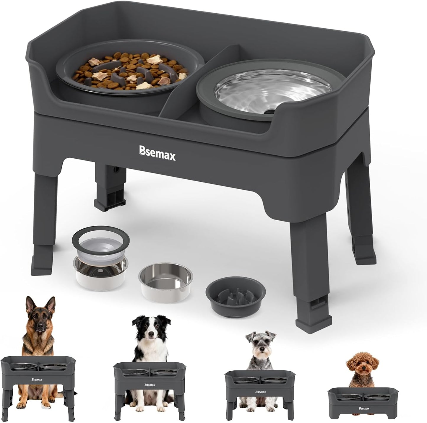 4 in 1 Adjustable Elevated Dog Bowls with 2*Stainless Steel Bowls, Anti-Spill Water Bowl, 4 Heights Raised Dog Bowl Stand for Small to Medium & Growing Large Puppies, Anti-Slip, Mess Proof Design