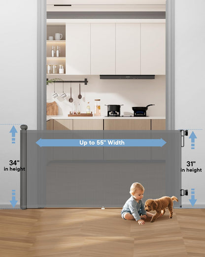 Retractable Baby Gate - 55" Wide Mesh Pet Gate with Anti-Crawling Hook, Safety Lock, One-Hand Operation, 34" Tall Baby Gate for Stairs, Doorways, Hallways, Garage, Indoor Outdoor, Black