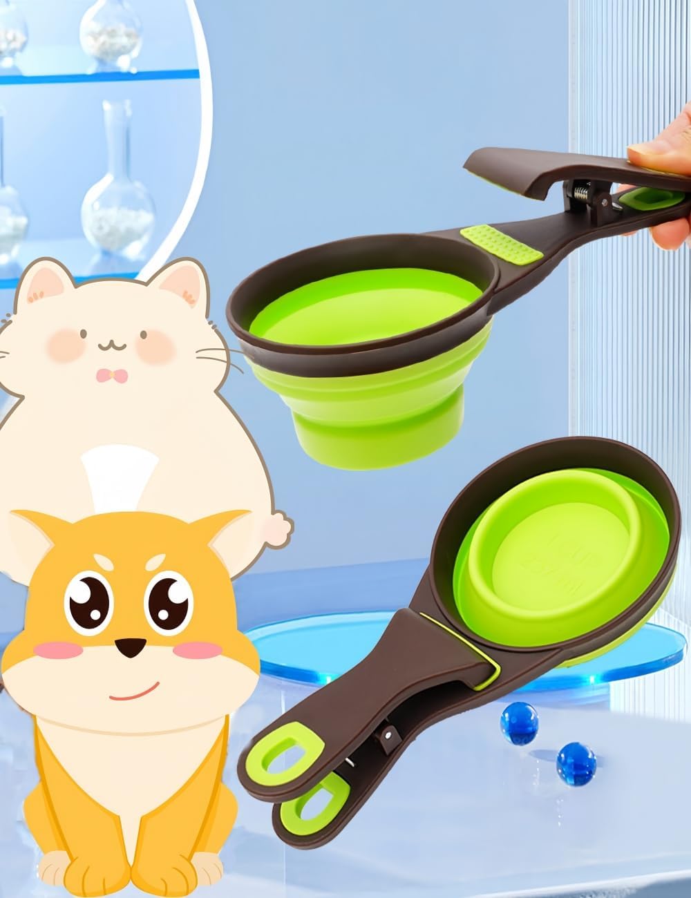 2 PCS Collapsible Pet Scoop Set,1 Cup & 1/2 Cup Capacity Silicone Measuring Cups with Sealing Clip,Multi-Function Scoop Bowls Bag Clip for Dog Cat Food Water.(Green,Pink)