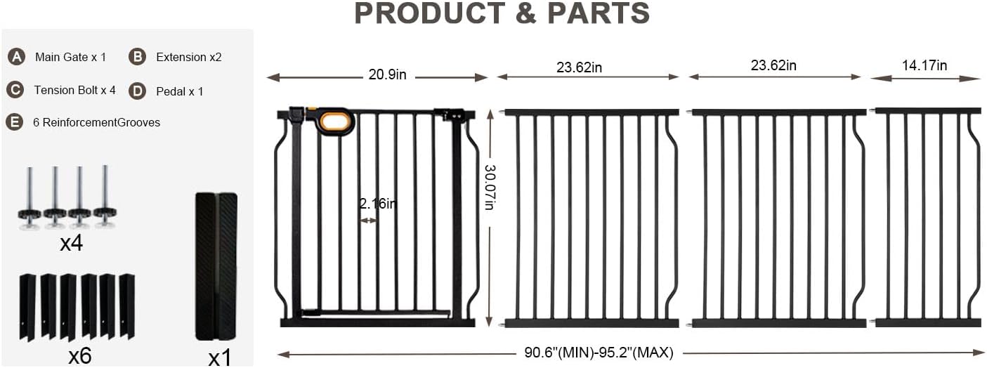 Baby Gates Extra Wide for Doorways 90.6-95.2 Inch Extra Wide Pressure Mounted Baby Dog Gate for the House Indoor Large Openning Metal Safety Gate No Drilling with Walk-Through Door,Black