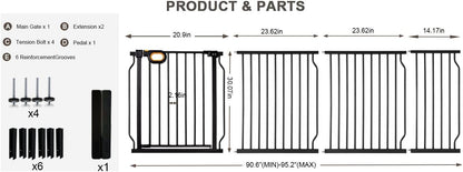 Baby Gates Extra Wide for Doorways 90.6-95.2 Inch Extra Wide Pressure Mounted Baby Dog Gate for the House Indoor Large Openning Metal Safety Gate No Drilling with Walk-Through Door,Black