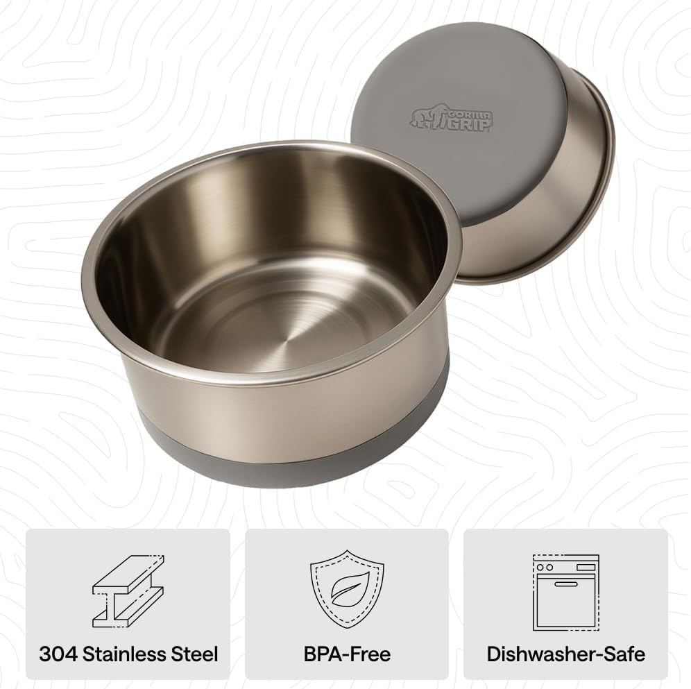 GORILLA GRIP Dog Bowls, Food Grade 304 Stainless Steel, Holds 2 Cups Each (16 fl oz) Food and Water Bowl for Feeding Dogs and Cats, Dishwasher Safe, Rust Resistant, BPA Free Rubber Base Set of 2 Black