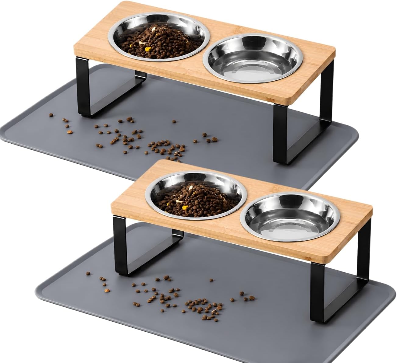 Upgraded Elevated Cat Bowls with Food Mat,15°Tilted Stand Anti Vomiting Raised Cat Dishes for Food and Water,2 Stainless Steel Bowls for Cats and Puppy