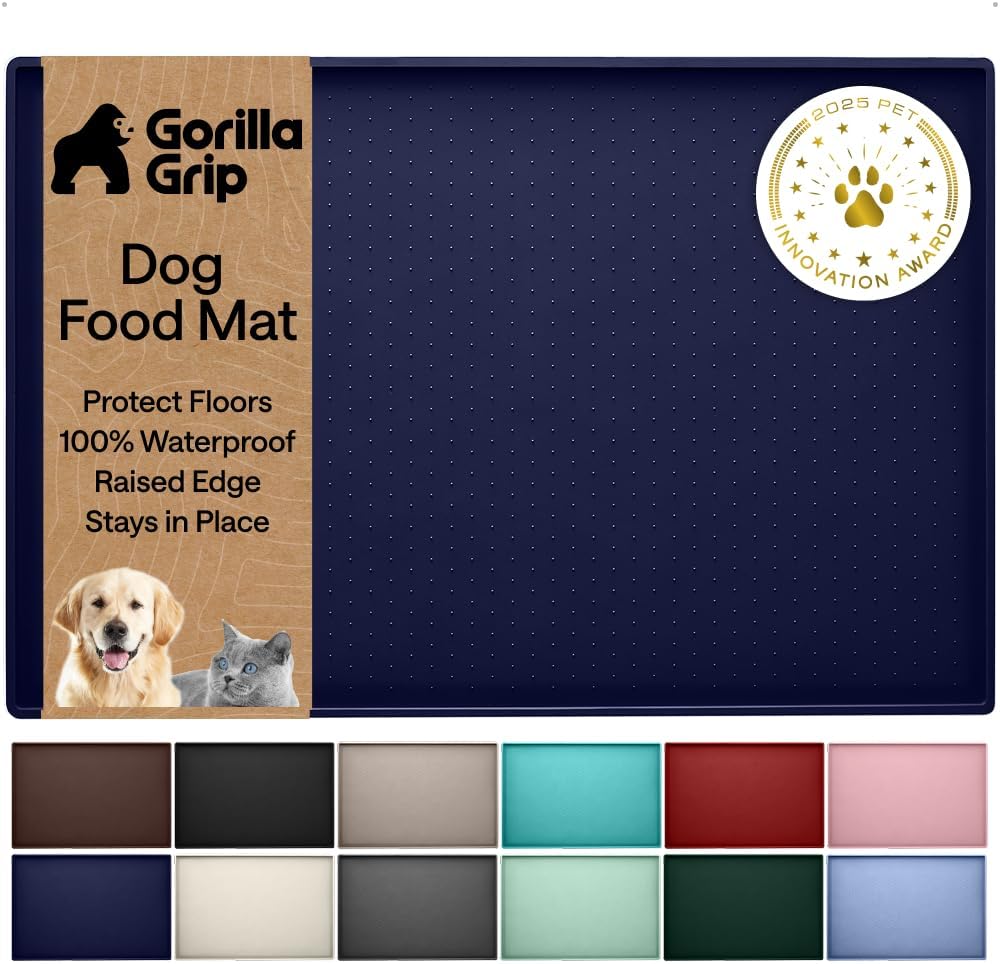 GORILLA GRIP 100% Waterproof Raised Edge BPA Free Silicone Pet Feeding Mat, Dog Cat Food Mats Contain Spills Protects Floors, Placemats for Cats and Dogs Water Bowl, 18.5x11.5, Gray