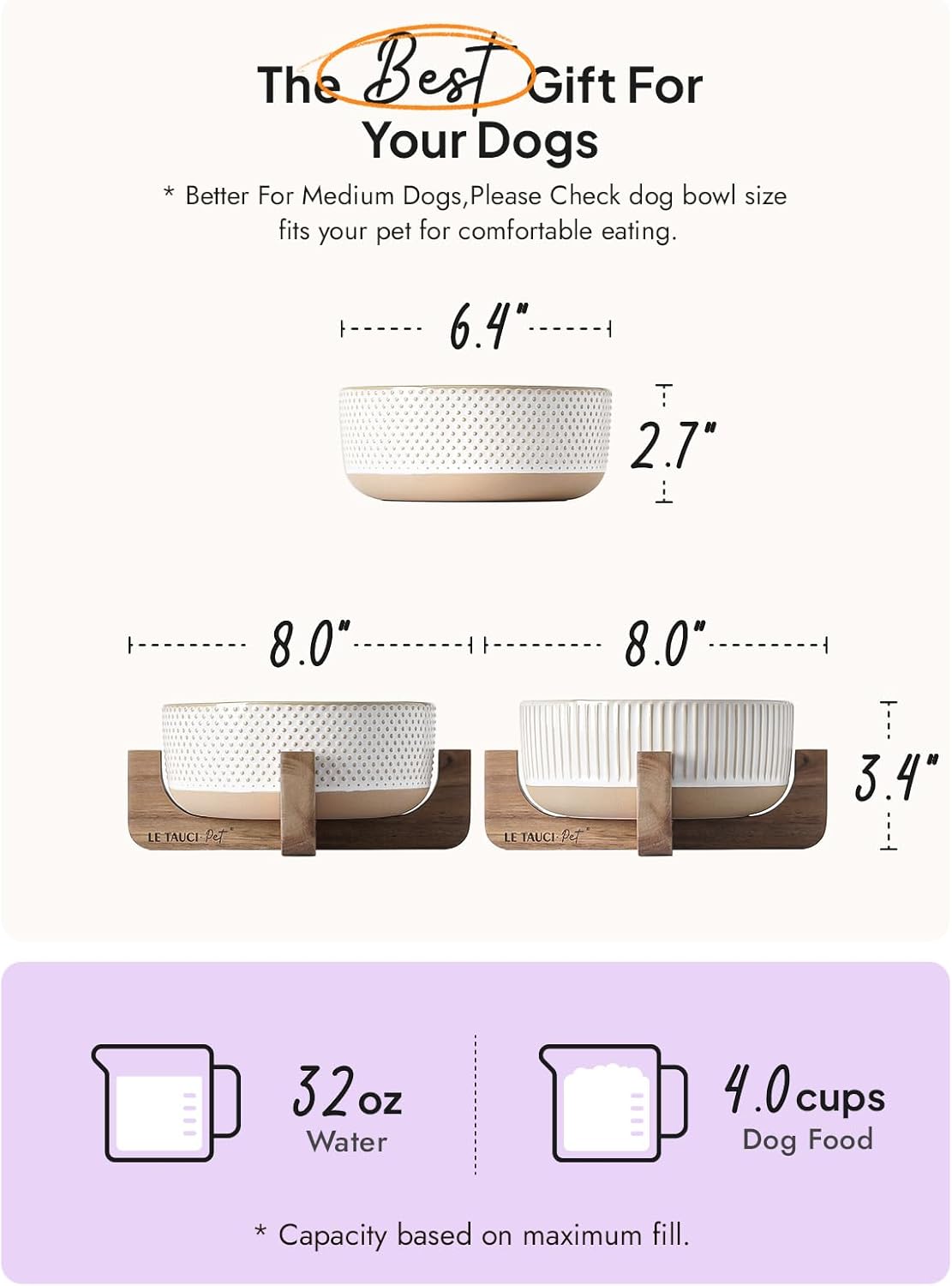 LE TAUCI PET Ceramic Dog and Cat Bowl Set with Acacia Wood Stand - 2 Cup Weighted Non-Slip Food and Water Bowls for Small Dogs & Cats, Lines + Dot