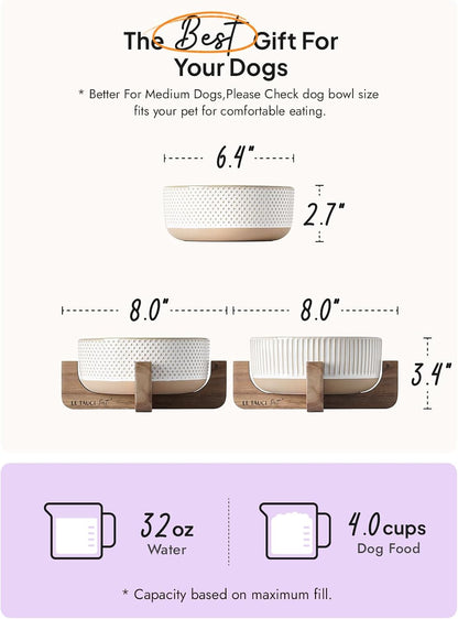 LE TAUCI PET Ceramic Dog and Cat Bowl Set with Acacia Wood Stand - 2 Cup Weighted Non-Slip Food and Water Bowls for Small Dogs & Cats, Lines + Dot