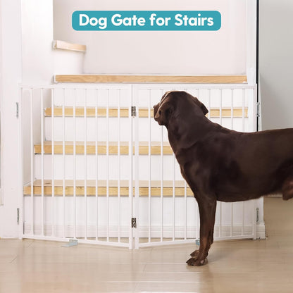 No Pawblems Free Standing Dog Gate with Door, 30'' Tall Foldable Dog Fence for Indoor & Outdoor, Up to 78 Inch Extra Wide Puppy Gate for Stairs, Hallways, Doorways, Deck, Yard (Black, 3 Panels)