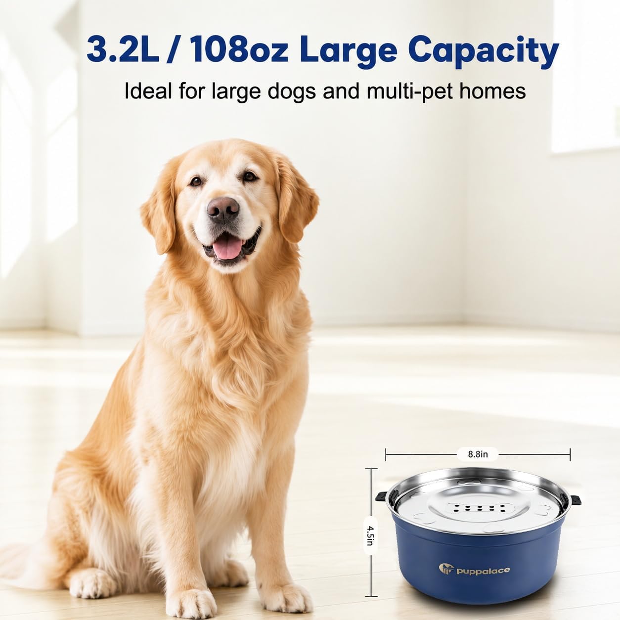 No Spill Dog Water Bowl, 3.2L/108oz Stainless Steel Slow Water Feeder with Floating Disk, Splash Proof Non-Slip Bowl for Messy Drinkers, Large Dogs and Cats, Blue