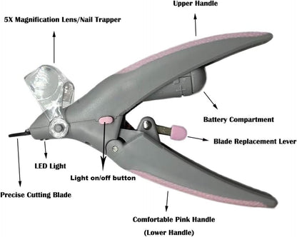 Illuminated Pet Nail Clipper, 5X Magnification Pet Nail Scissor Safe with LED Light, Pet Grooming Nail Care Tool Great for Dogs Cats