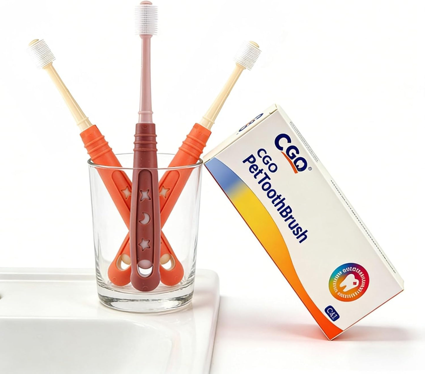 CGO 360° Silicone Pet Toothbrush - Dog Toothbrush for Small Dogs & Cats, 4-Pack Round Head, Extra Soft Bristles, Dental Cleaning and Oral Hygiene for Puppies and Kittens (2 Orange, 2 Brown)