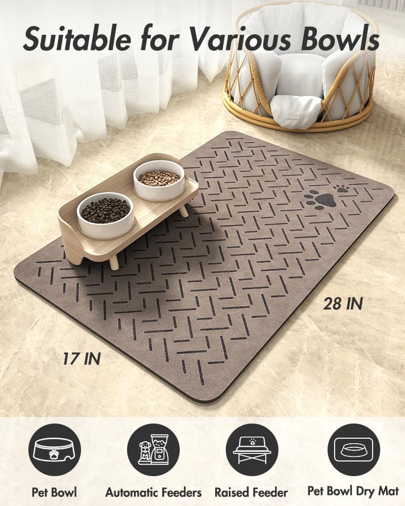 MontVoo Dog Food Mat-Pet Feeding Mat for Food and Water-No Stains Quick Dry Dispenser Cat Bowl Mat for Messy Drinkers(12"x19" Dark Grey)