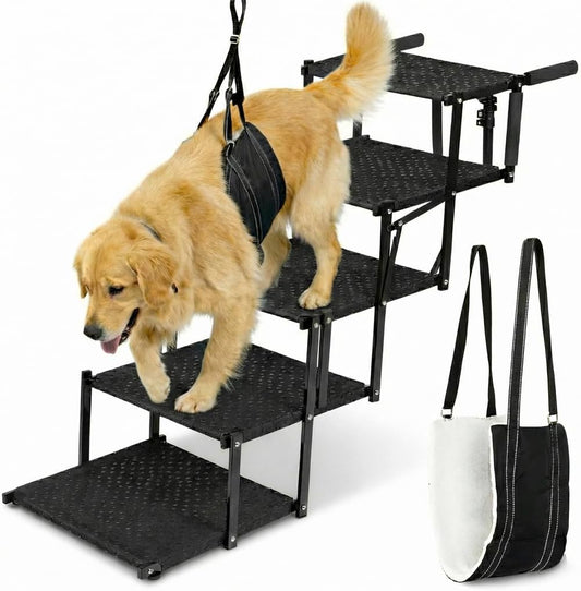 VERALUX Dog Stairs for Large Dogs for Car | 5 Step Foldable Dog Stairs | 200lb Capacity | Non-Slip Rug Steps | XL Lift Assist Harness System | Pet Stairs for Large Dogs | Dog Steps for Truck & SUV