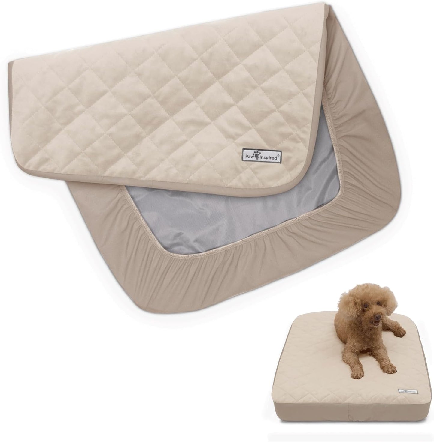 Paw Inspired Waterproof Fitted Cover for Dog Bed | Washable Bed Protector for Dog Mattress | Removable Replacement Cover for Small to Medium Pet Bed (Gray, 34 x 23 x 5 Inch)