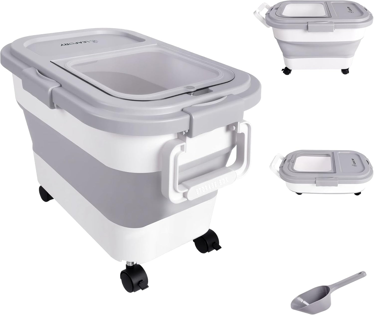 Dog Food Storage Container 30-40lbs, Airtight Pet Food Bin with Locking Lid & Clear Window, Collapsible Rolling Storage Container with Wheels & Scoop, Gray
